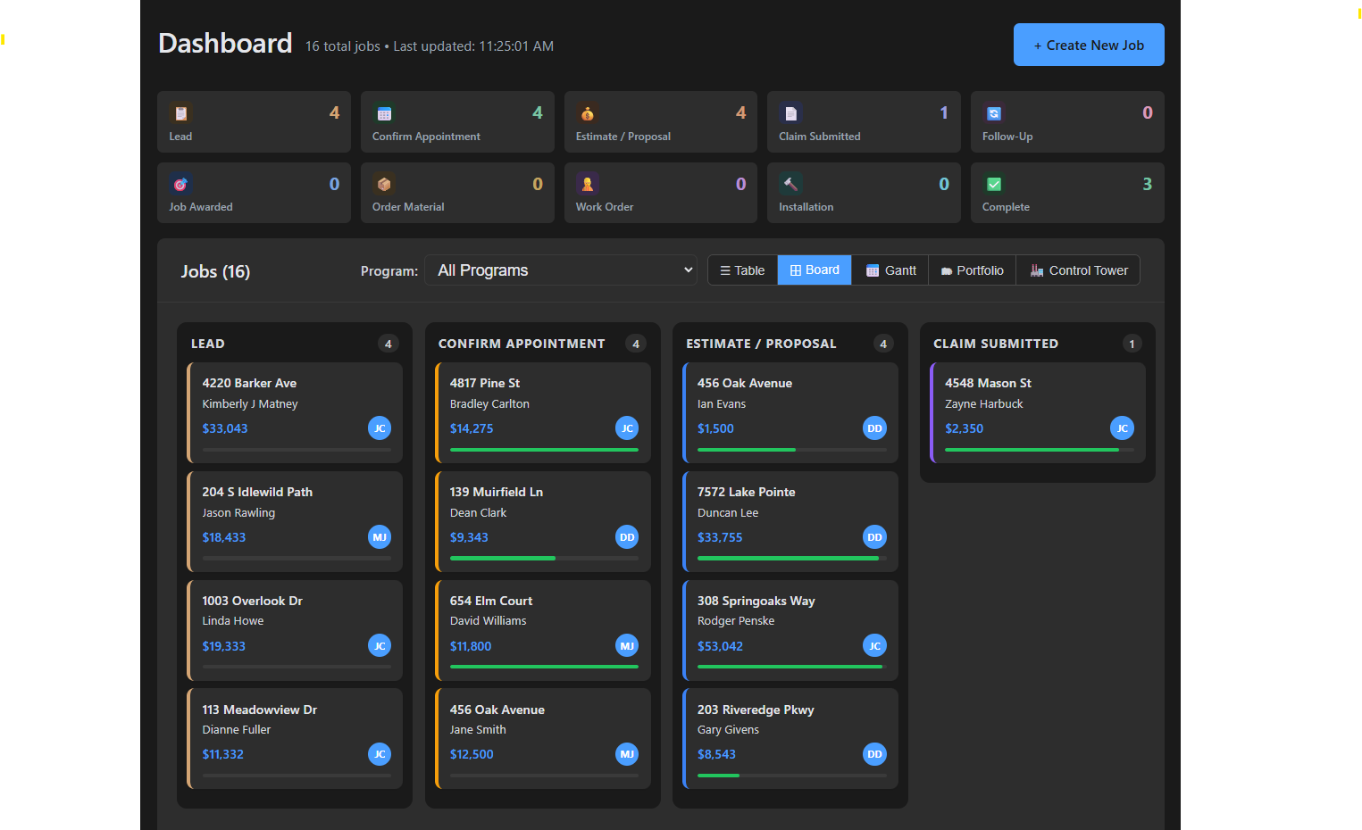 BetterRoofingPro job dashboard showing the 10-stage workflow